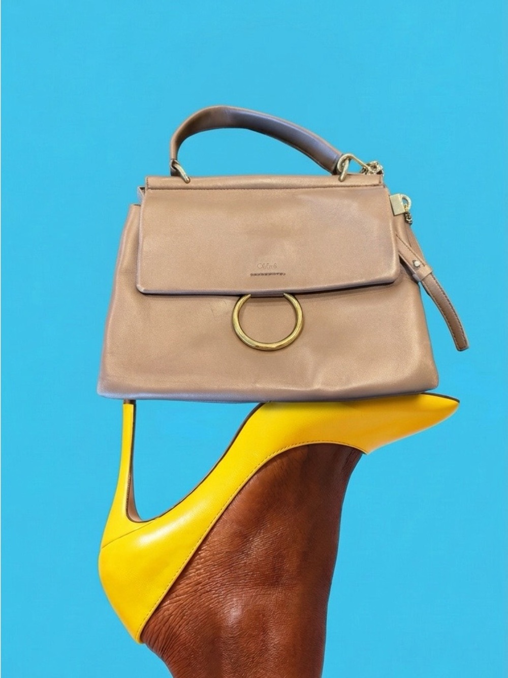 Chloé Taupe Leather Top-Handle Satchel with Gold Ring